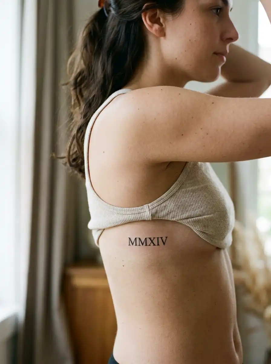 Minimalist Roman numeral tattoo on the ribs marking a meaningful personal date