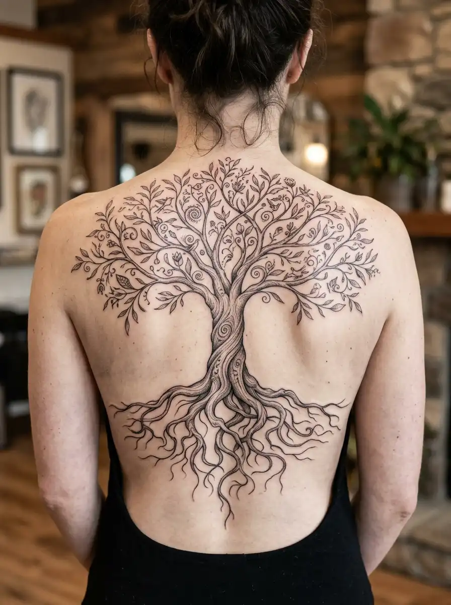 Tree of Life tattoo with deep roots and branches symbolizing growth and resilience