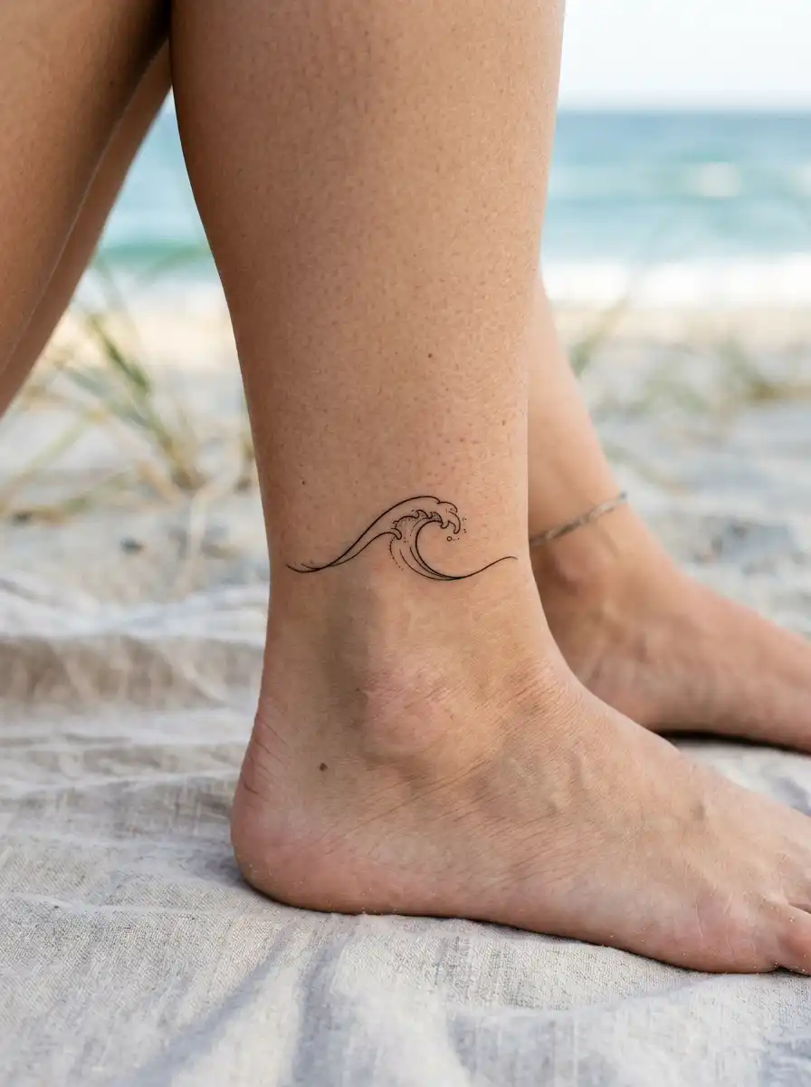 Minimalist wave tattoo on the ankle symbolizing resilience through life’s changes