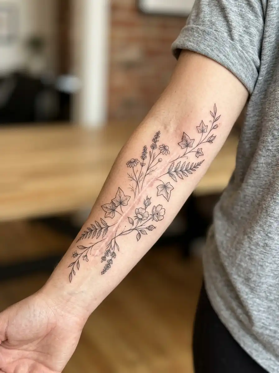 Botanical tattoo creatively incorporating a healed scar into a meaningful floral design
