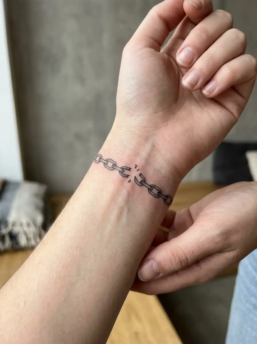 Broken chain tattoo around the wrist representing freedom from what once held you back