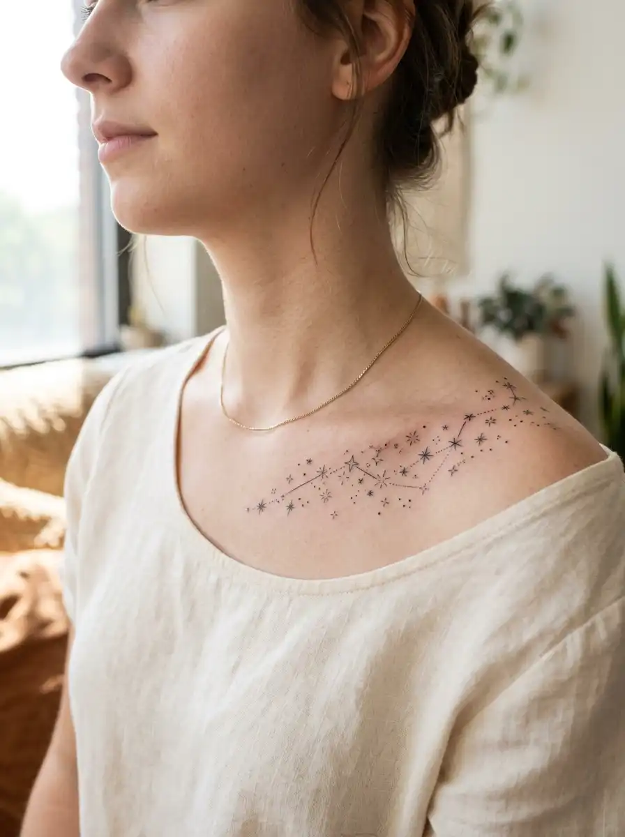 Tiny star tattoos along the collarbone symbolizing hope during difficult times