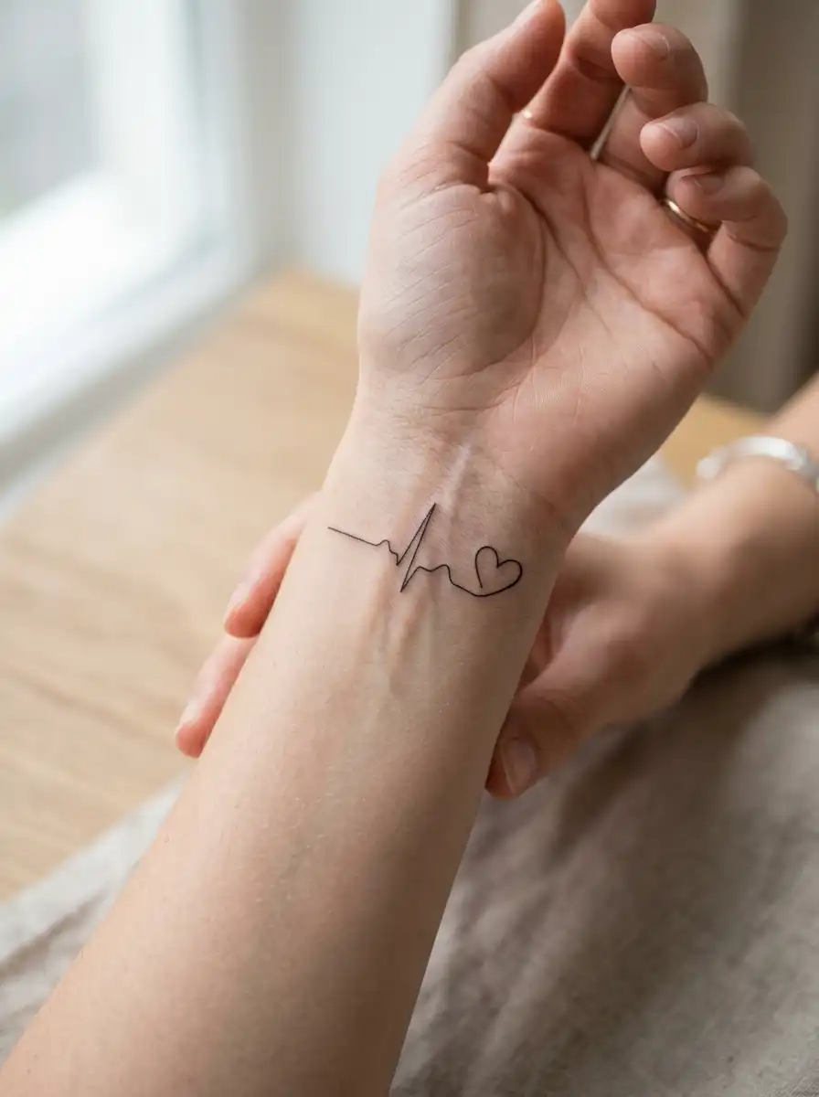 Minimalist heartbeat line tattoo on the wrist symbolizing survival and resilience