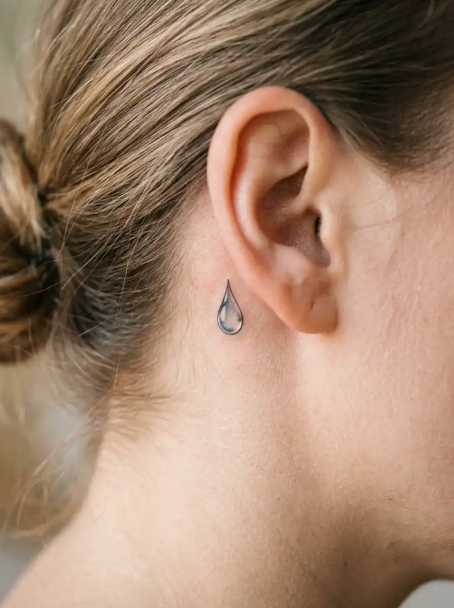 Small water droplet tattoo behind the ear representing cleansing and a fresh start