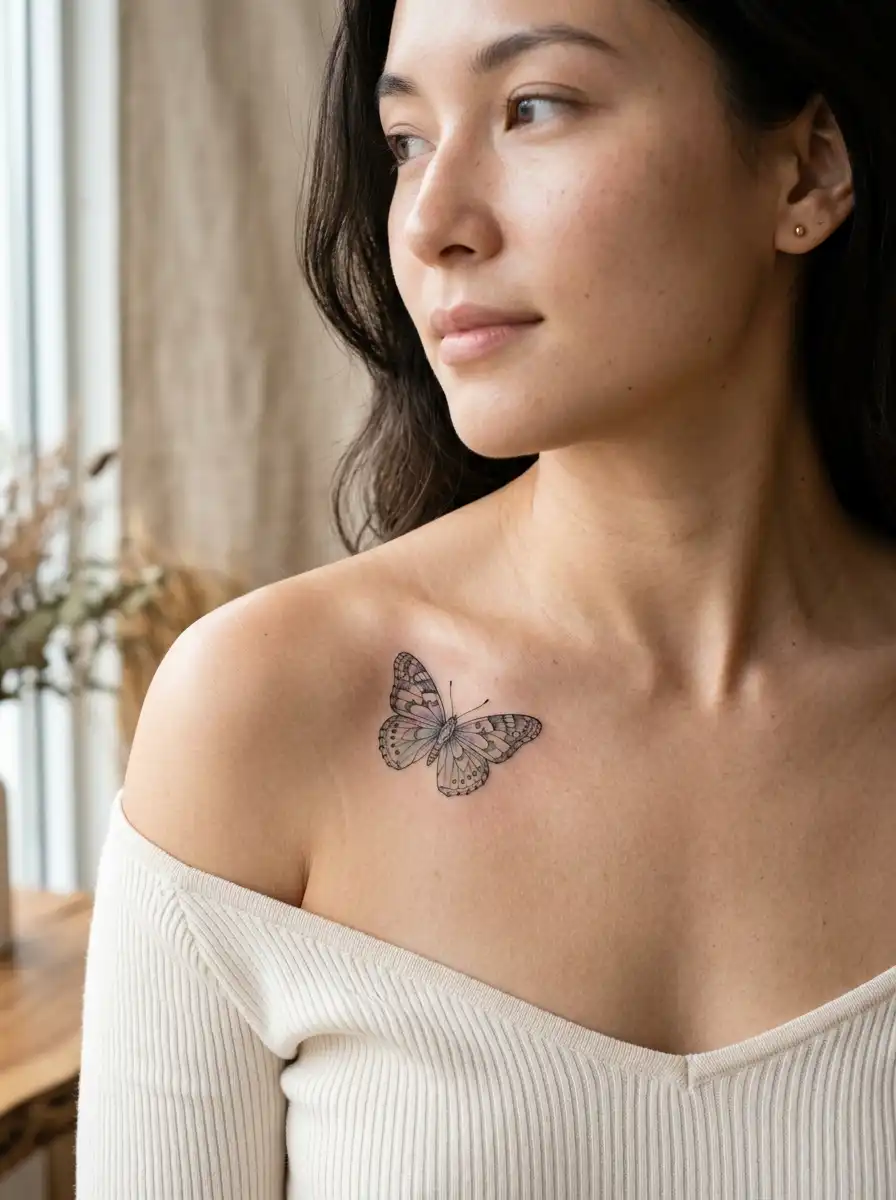 Delicate butterfly tattoo near the collarbone symbolizing personal transformation