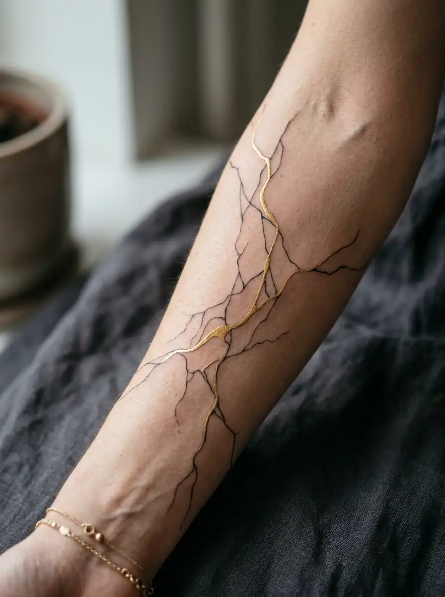 Kintsugi-inspired tattoo with gold lines symbolizing healing and strength through imperfection