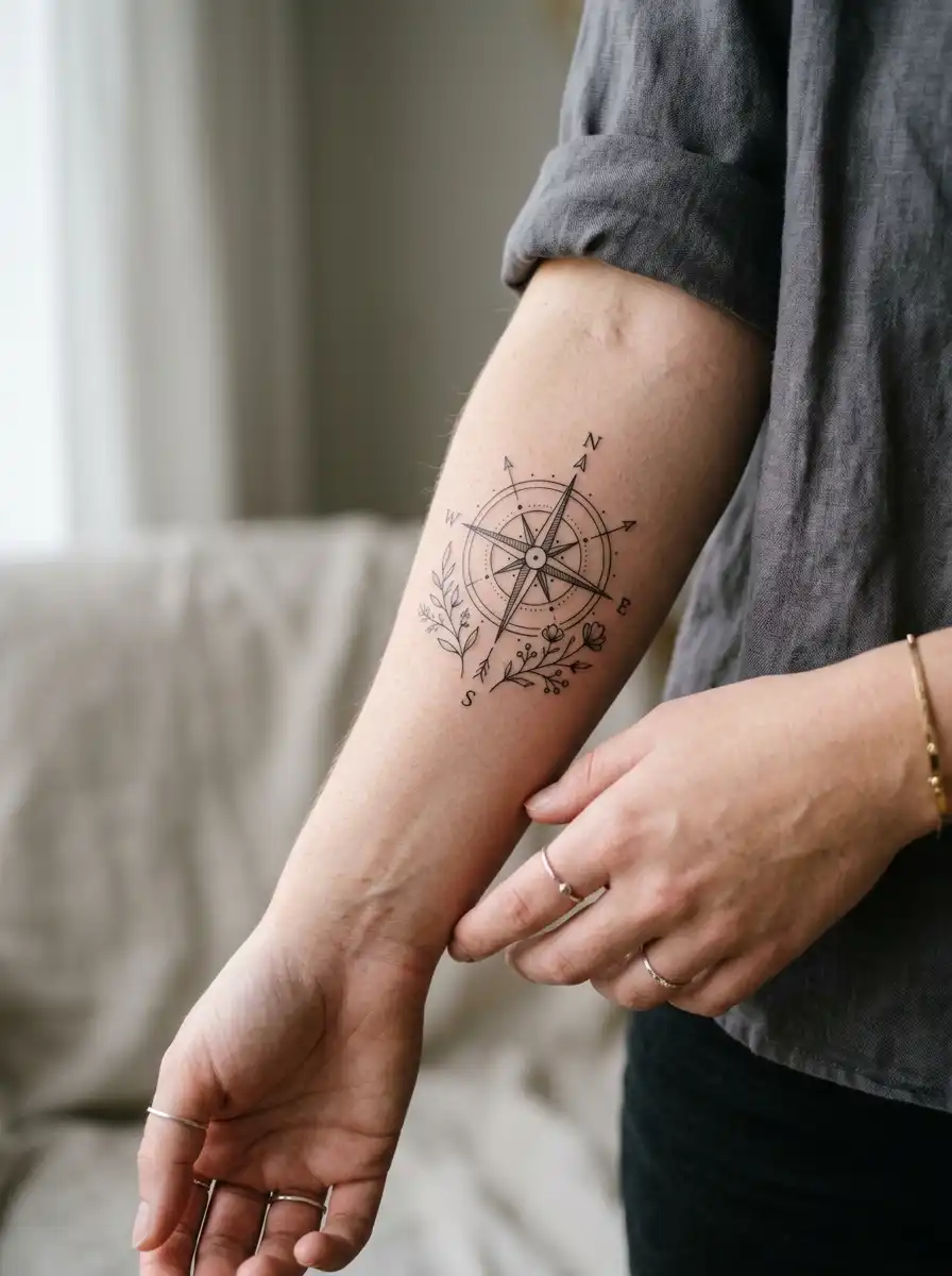 Minimalist compass tattoo on the forearm symbolizing guidance and finding your way