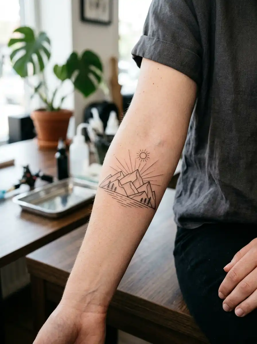 Minimalist mountain range tattoo representing overcoming challenges and perseverance
