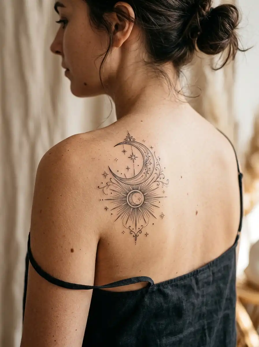 Sun and moon tattoo on the shoulder symbolizing balance and moving from darkness into light