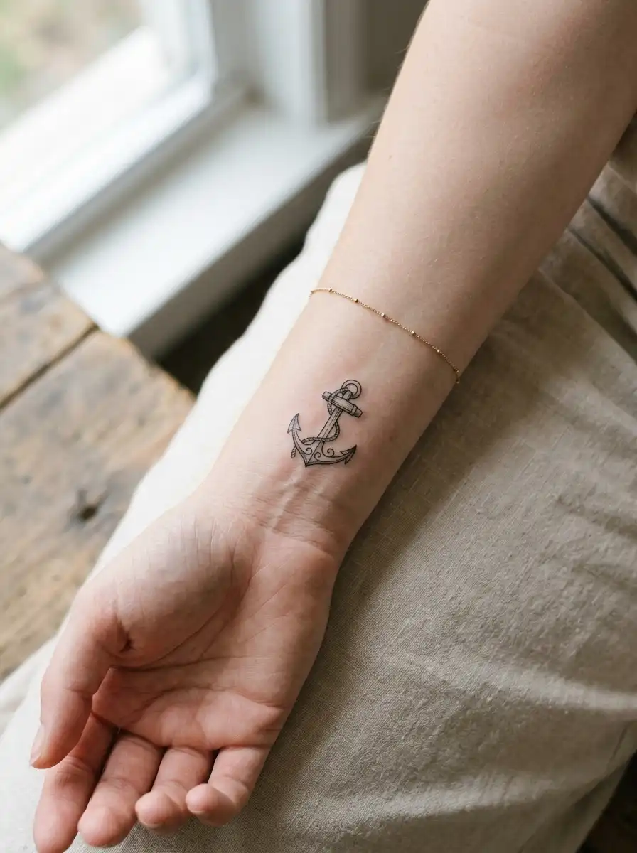 Small anchor tattoo on the wrist representing stability and staying grounded