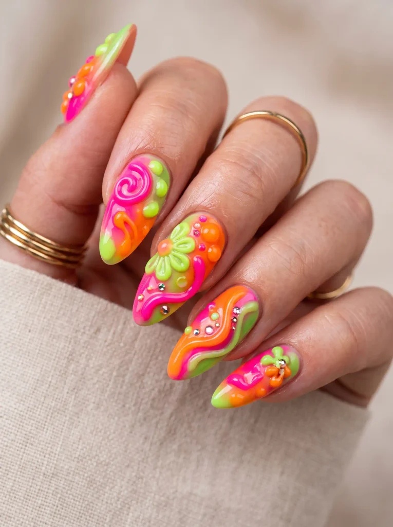 Bold neon maximalist summer nails with 3D details