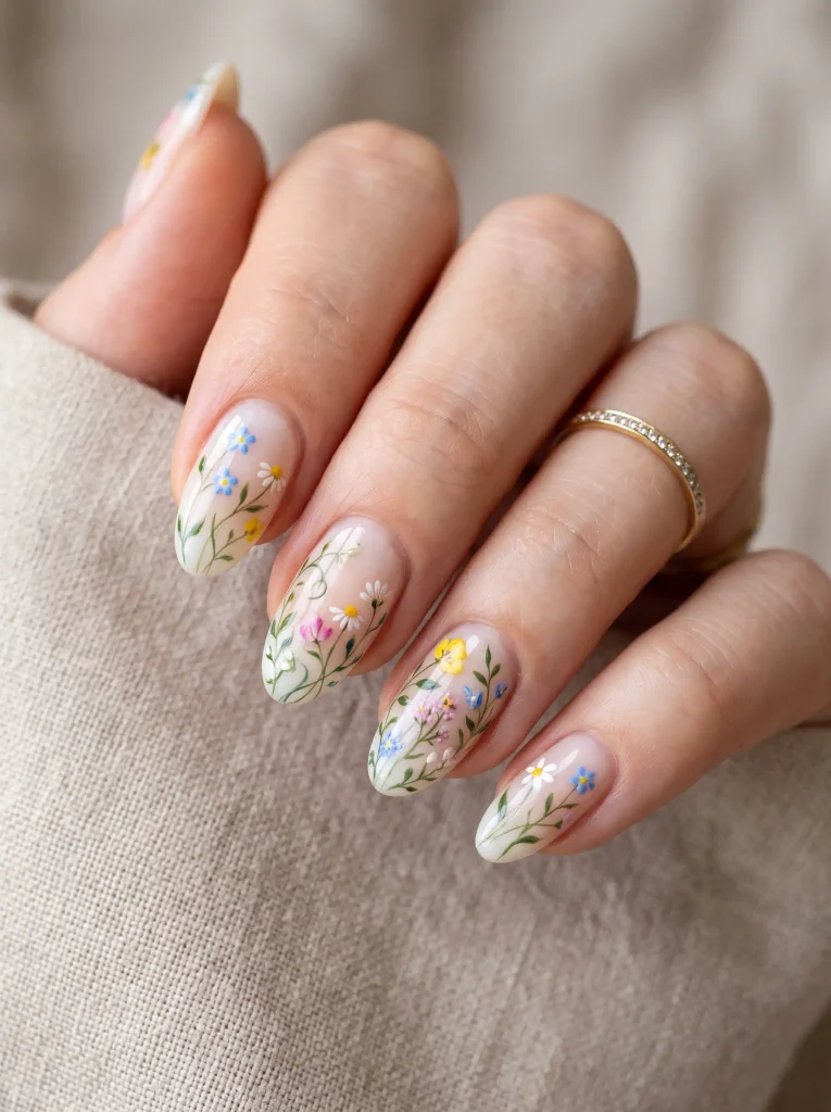 Delicate botanical floral nail art on sheer nude nails