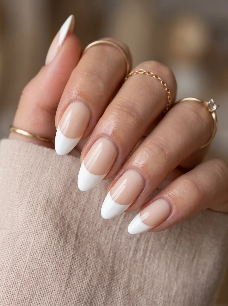 White chunky French tip nails with vanilla nude base