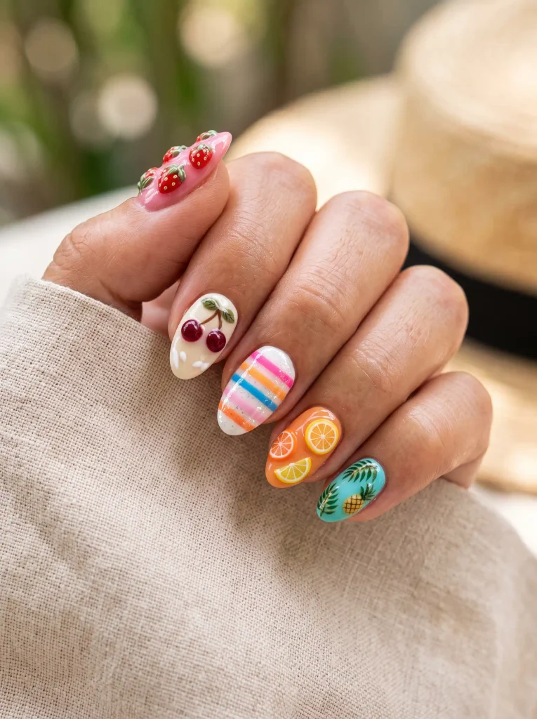 Colorful 3D fruit and beach-inspired summer nail art