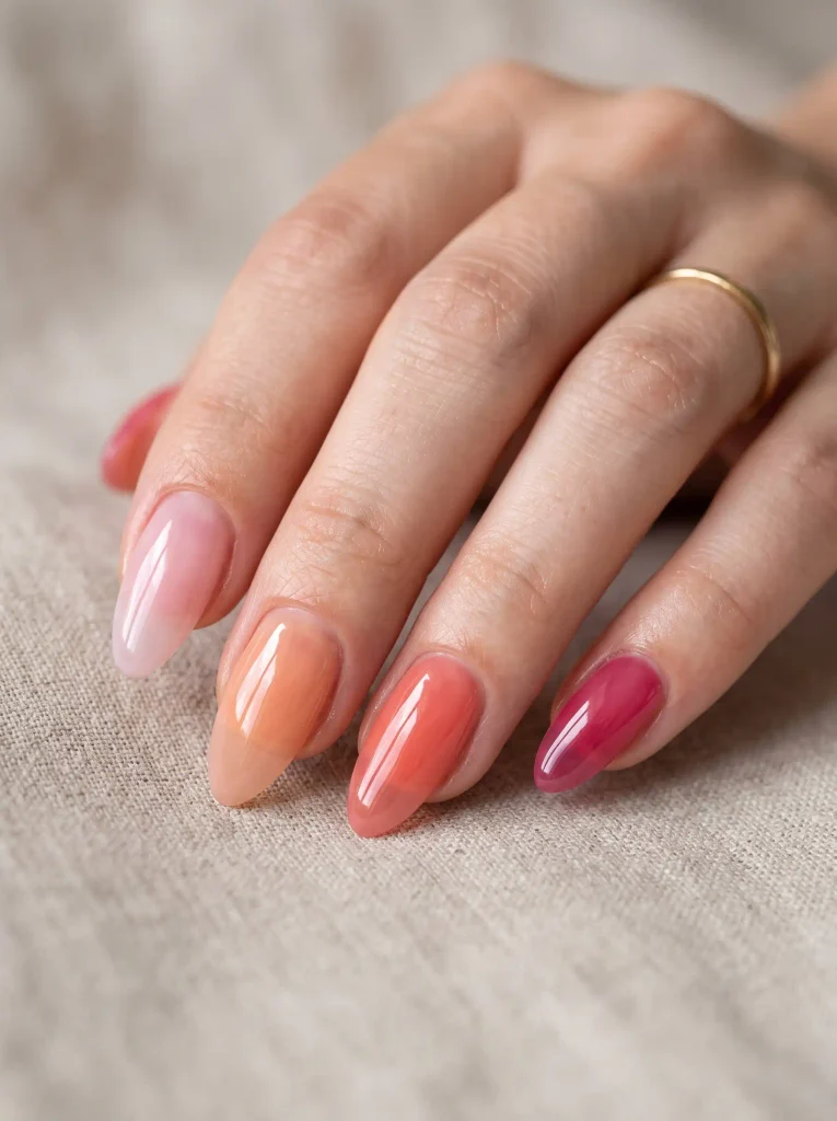 Glossy peach and coral jelly summer nails