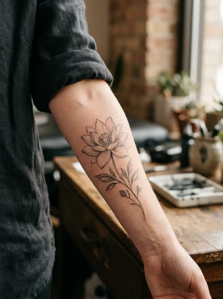Delicate lotus flower tattoo on the forearm symbolizing healing and renewal