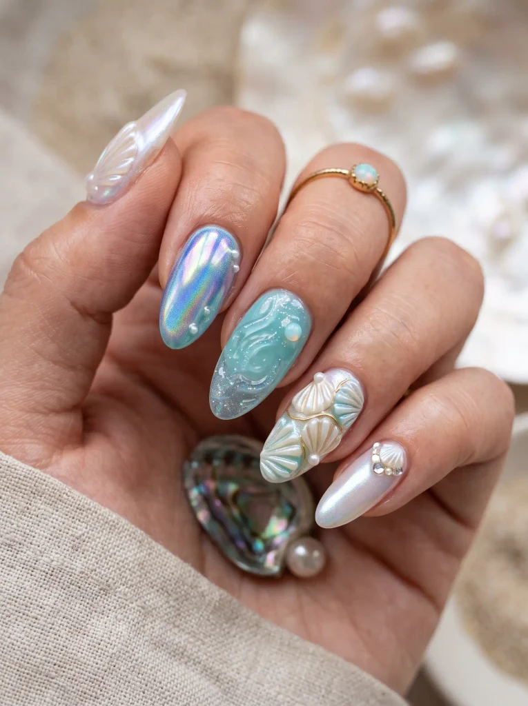 Iridescent shell-inspired mermaidcore summer nails