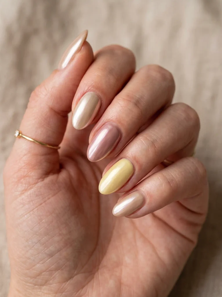 Soft neutral chrome almond nails with subtle shimmer