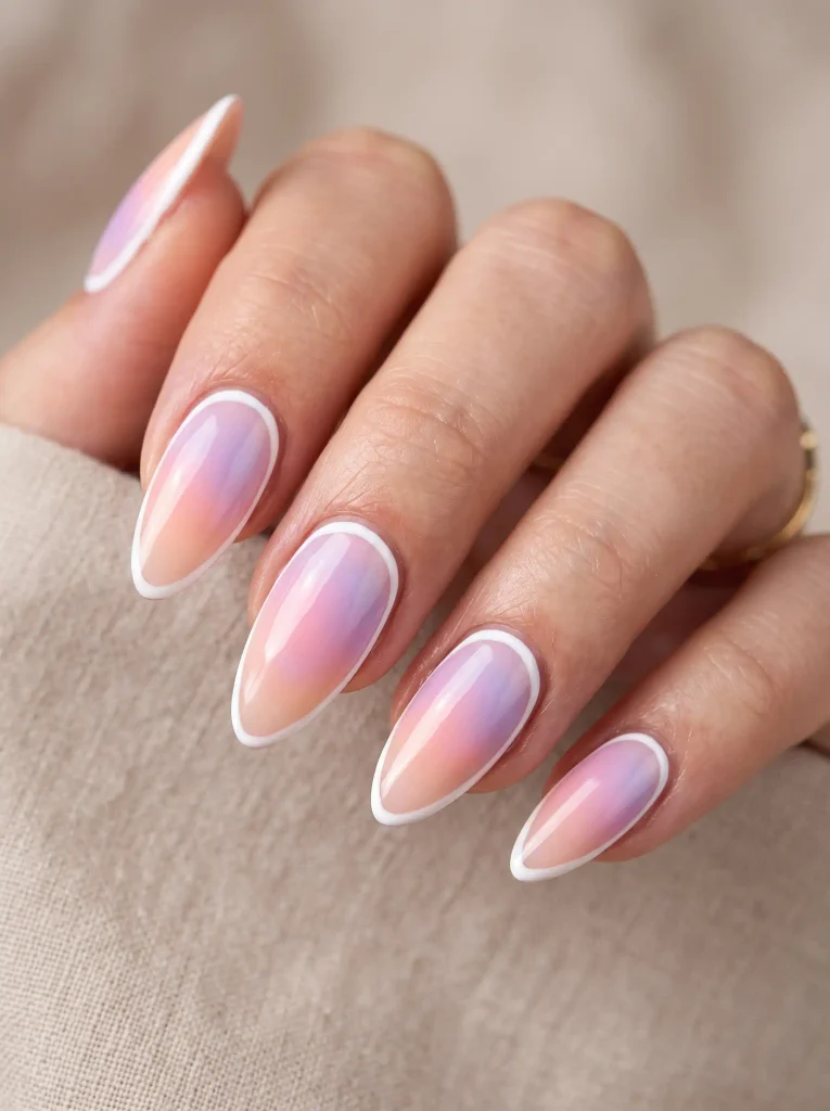 Pink and lavender aura nails with crisp outlined edges