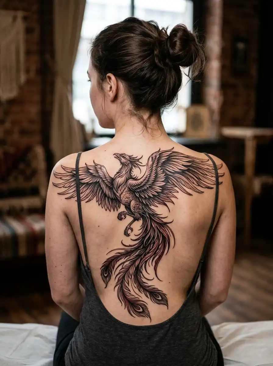 Detailed phoenix tattoo on the upper back representing rebirth and transformation