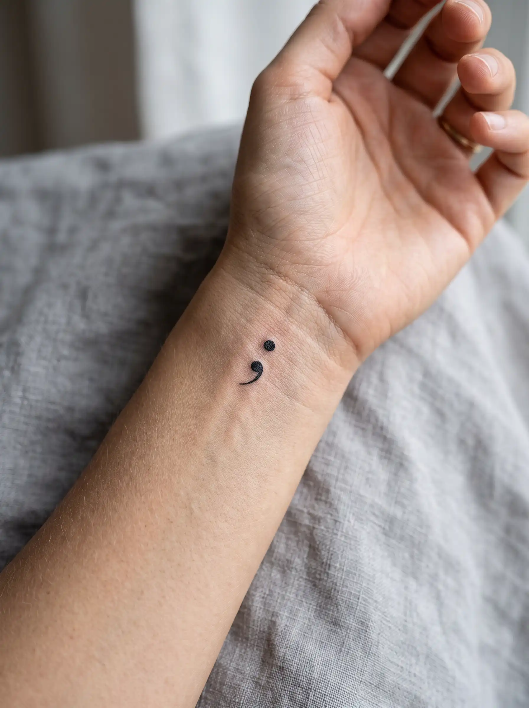 Minimalist semicolon tattoo on the wrist symbolizing resilience and continuing forward
