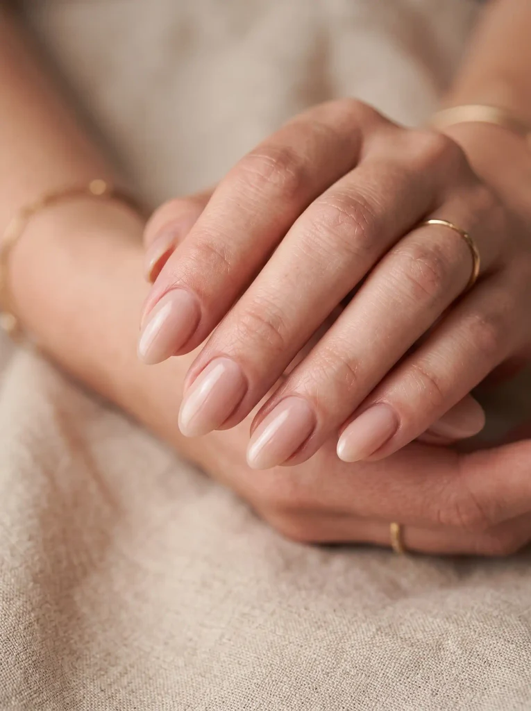 Short almond-shaped nude nails with glossy finish