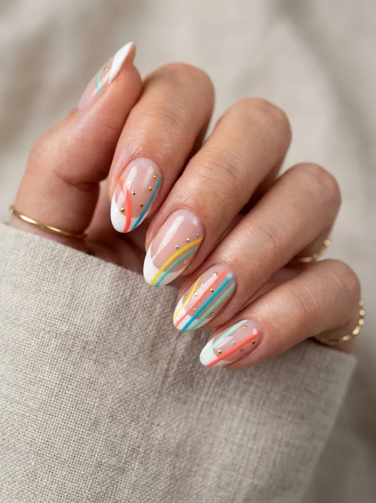 Striped French nails with metallic polka dot details