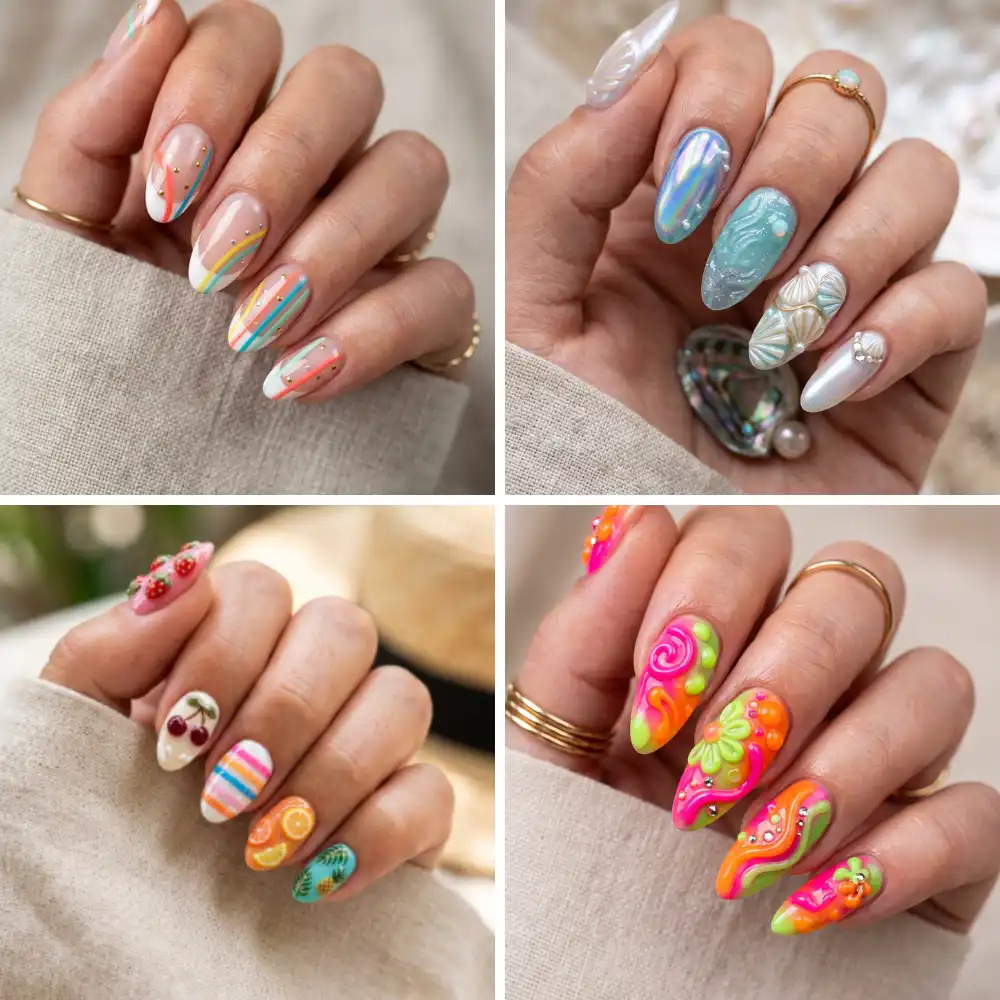Summer 2026 nail trends featuring jelly, chrome, floral and French designs