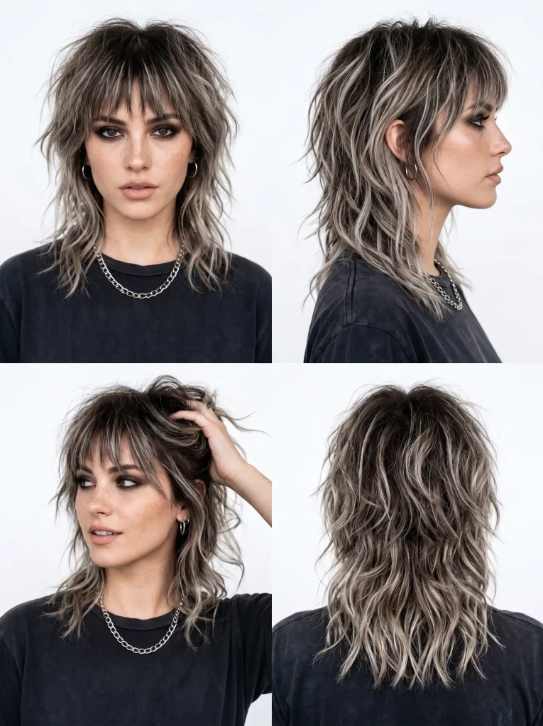 Woman with a layered ash-grey shag haircut and curtain bangs