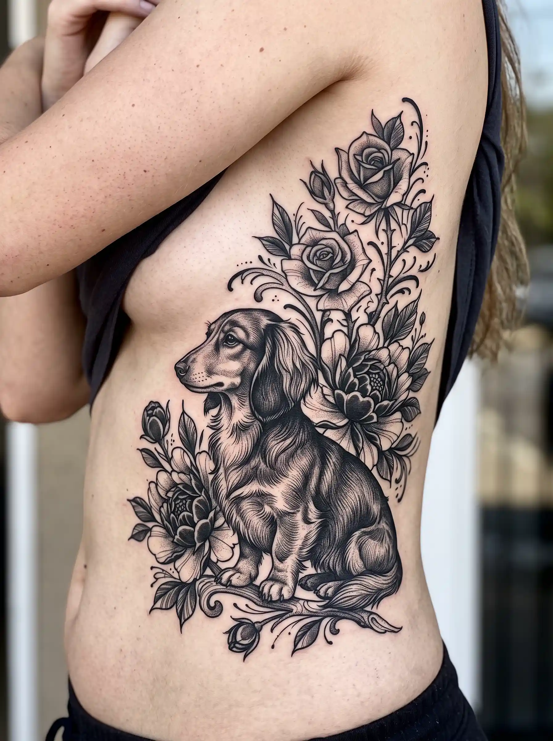 Blackwork dachshund tattoo with rose garden on ribs and side body