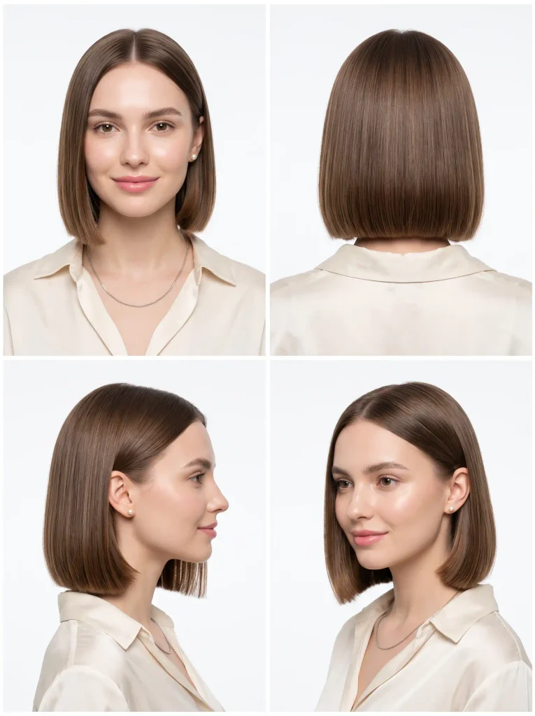 Woman with a sleek chin-length blunt bob haircut