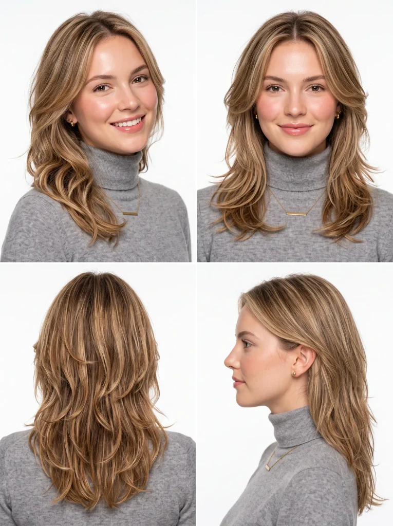 Woman with medium-length hair cut in face-framing butterfly layers