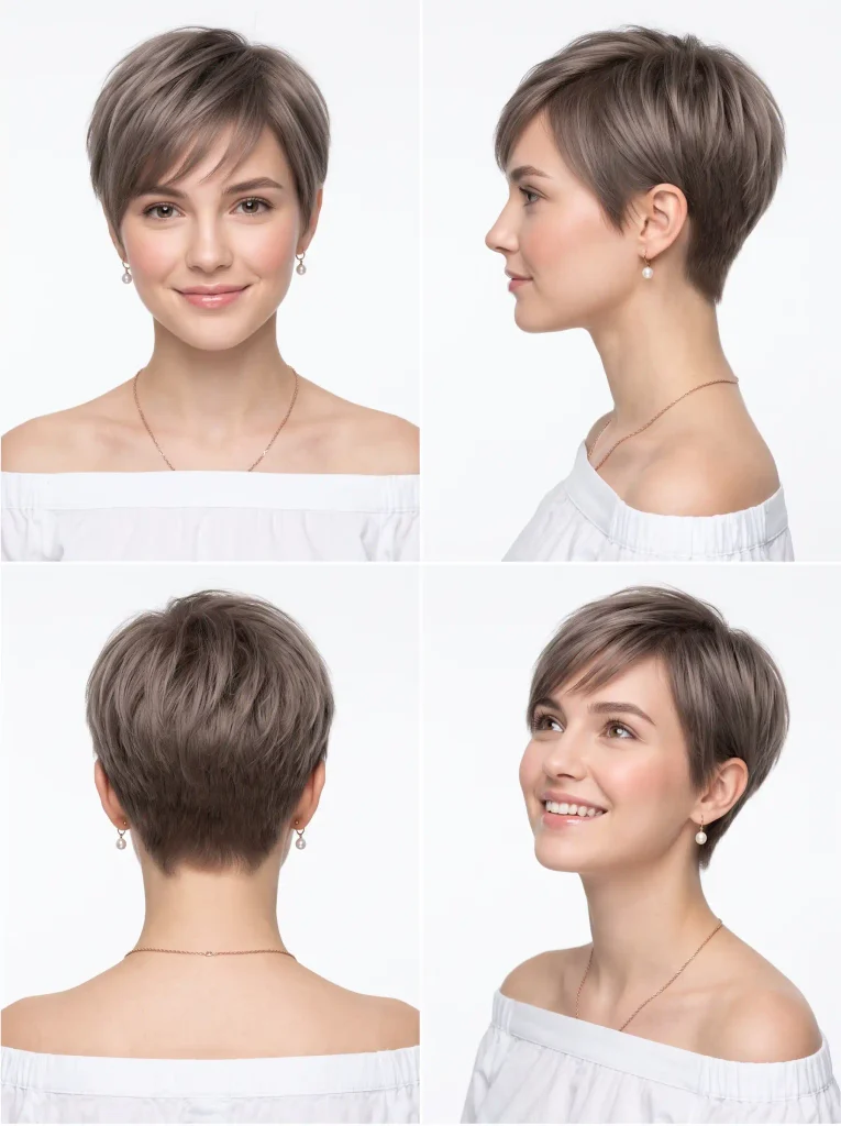 Woman with a short textured pixie cut and side-swept fringe