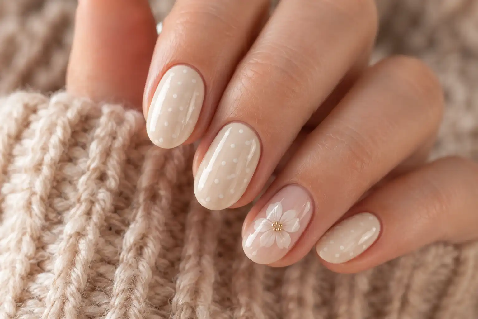 cream polka dot nails with flower accent
