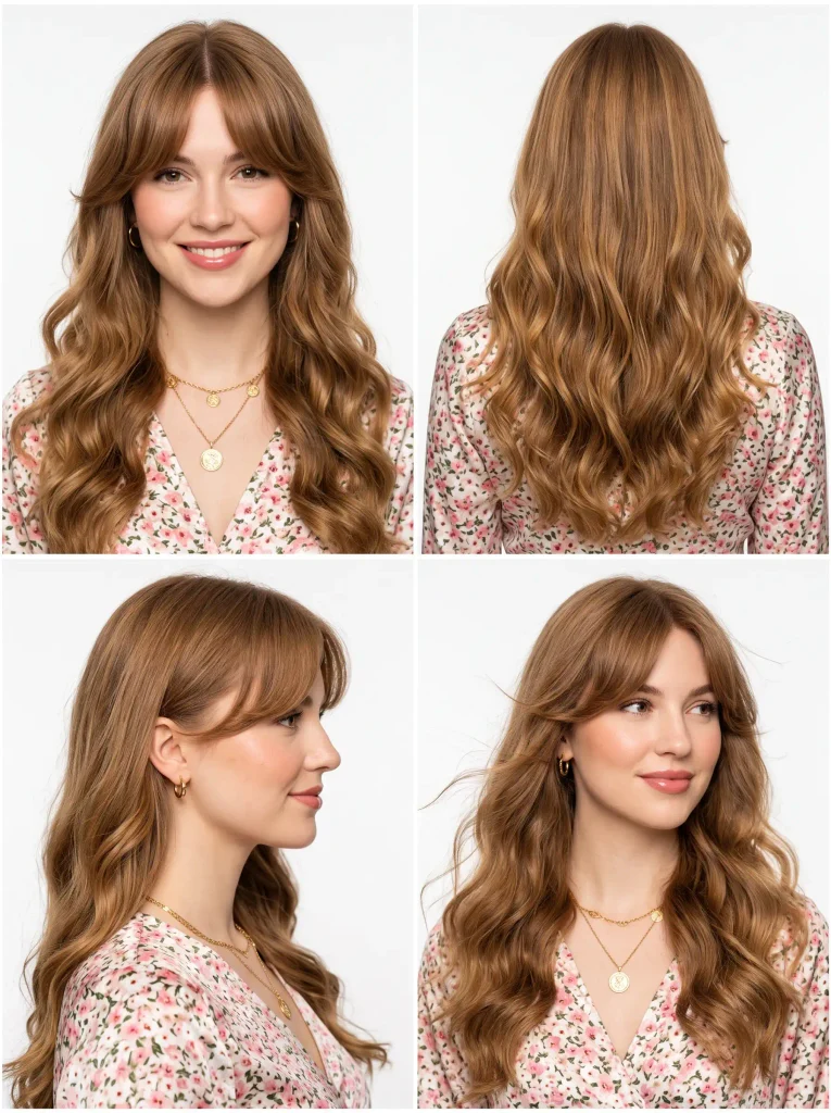 Woman with long wavy hair and soft curtain bangs