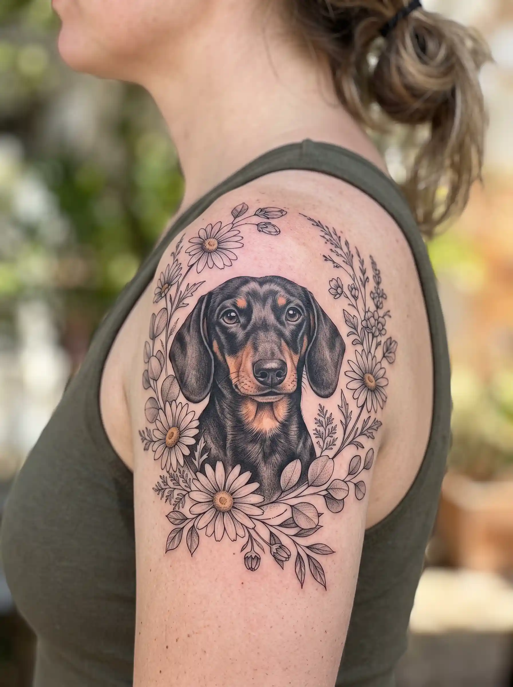 Black and tan dachshund tattoo with daisy flowers on shoulder