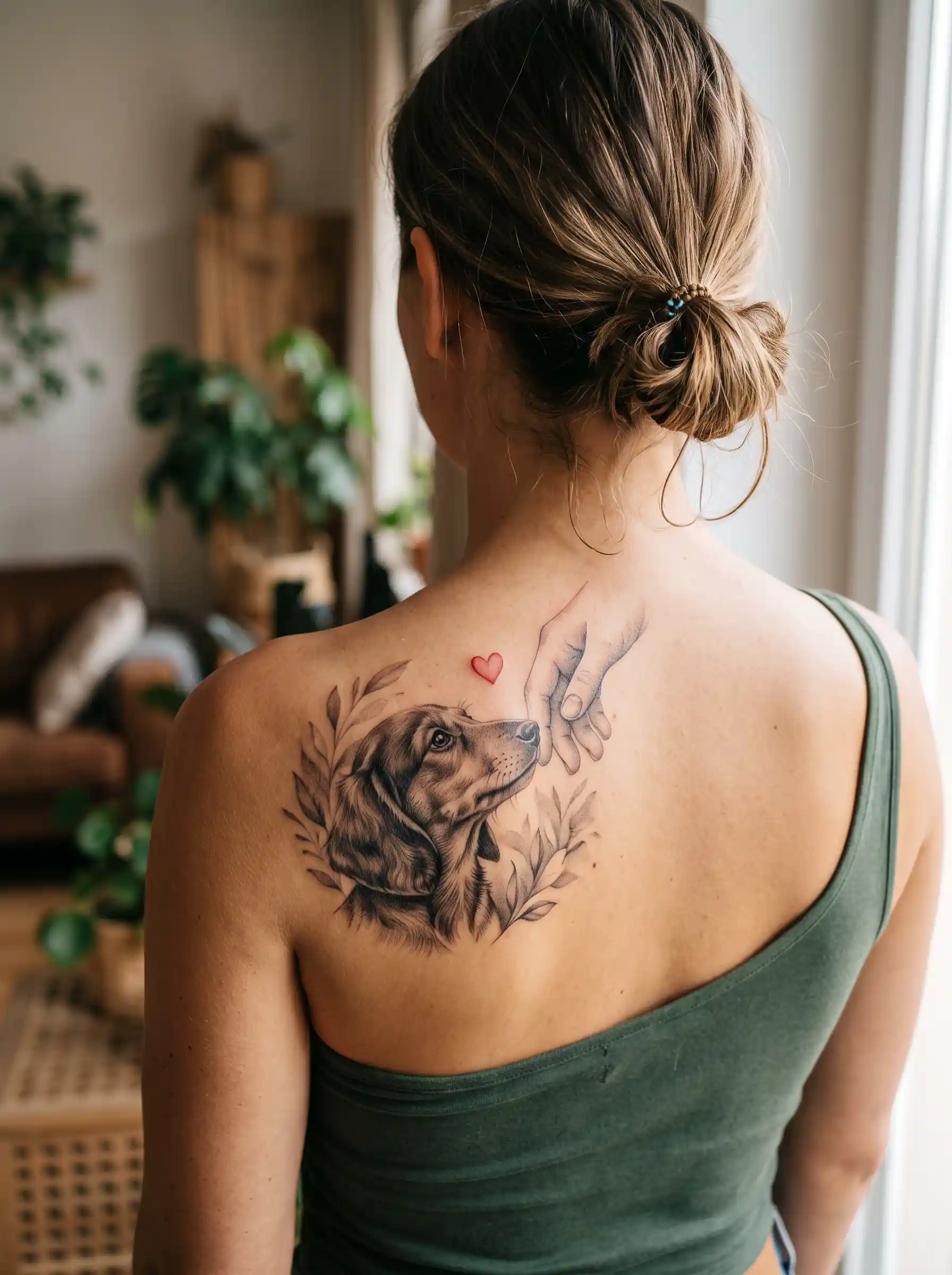 Dachshund and hand portrait tattoo on upper back with red heart accent