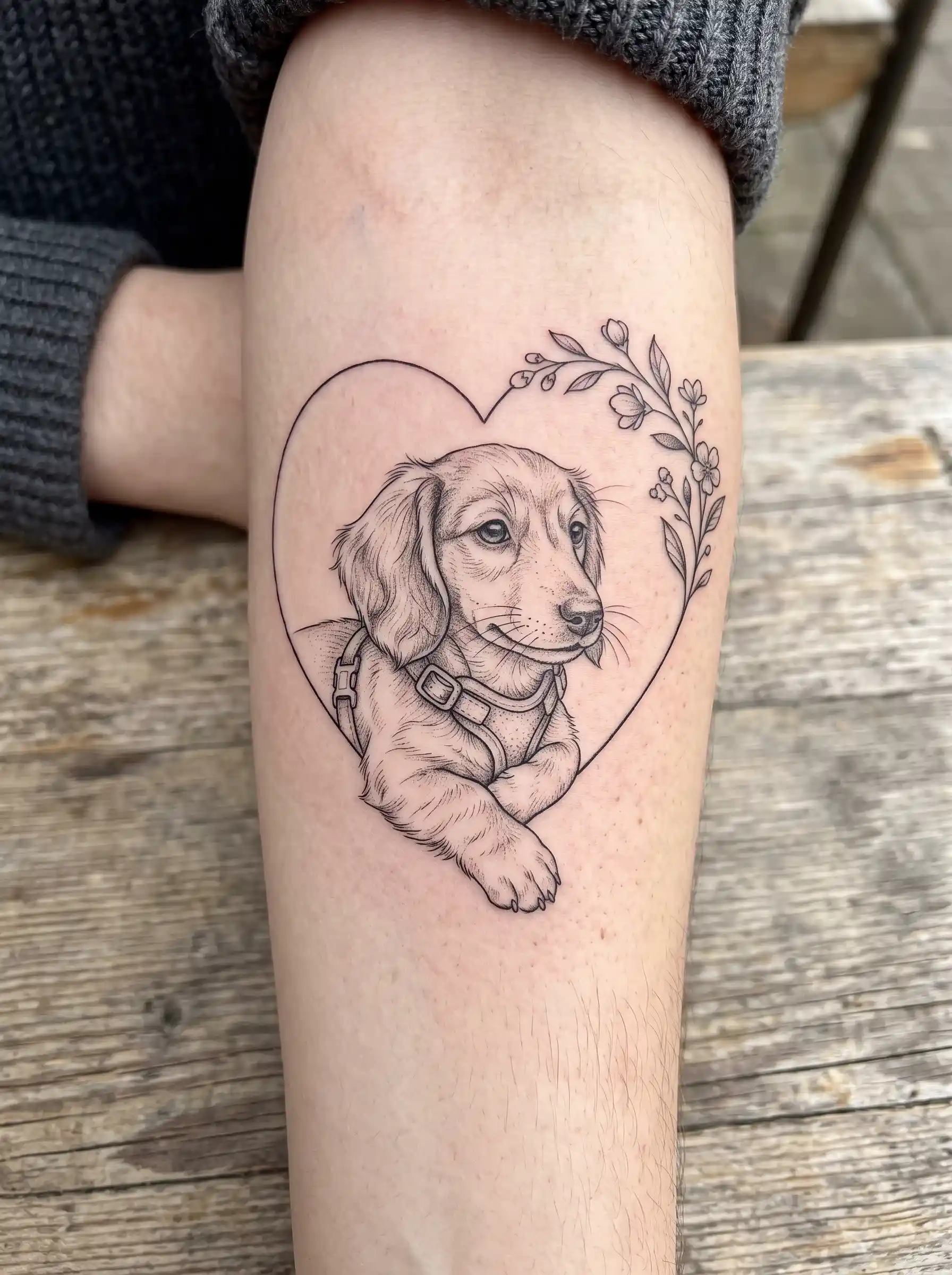 Dachshund puppy in harness tattoo inside heart outline on forearm