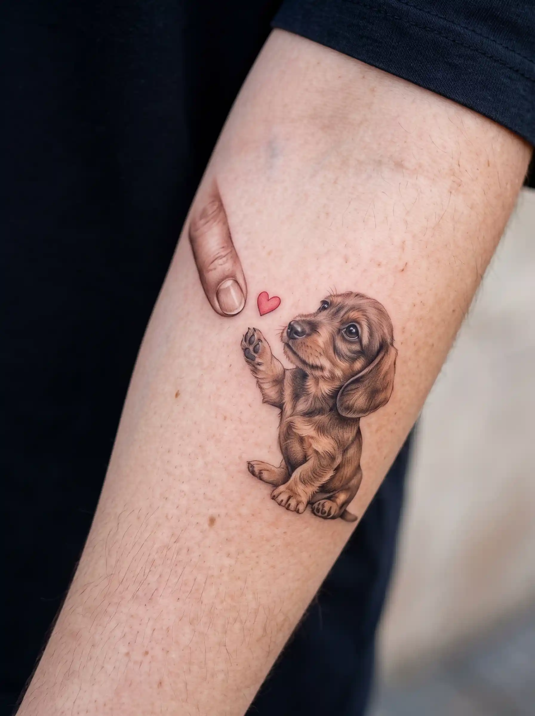 Realistic dachshund puppy tattoo touching human finger with red heart, Creation of Adam style