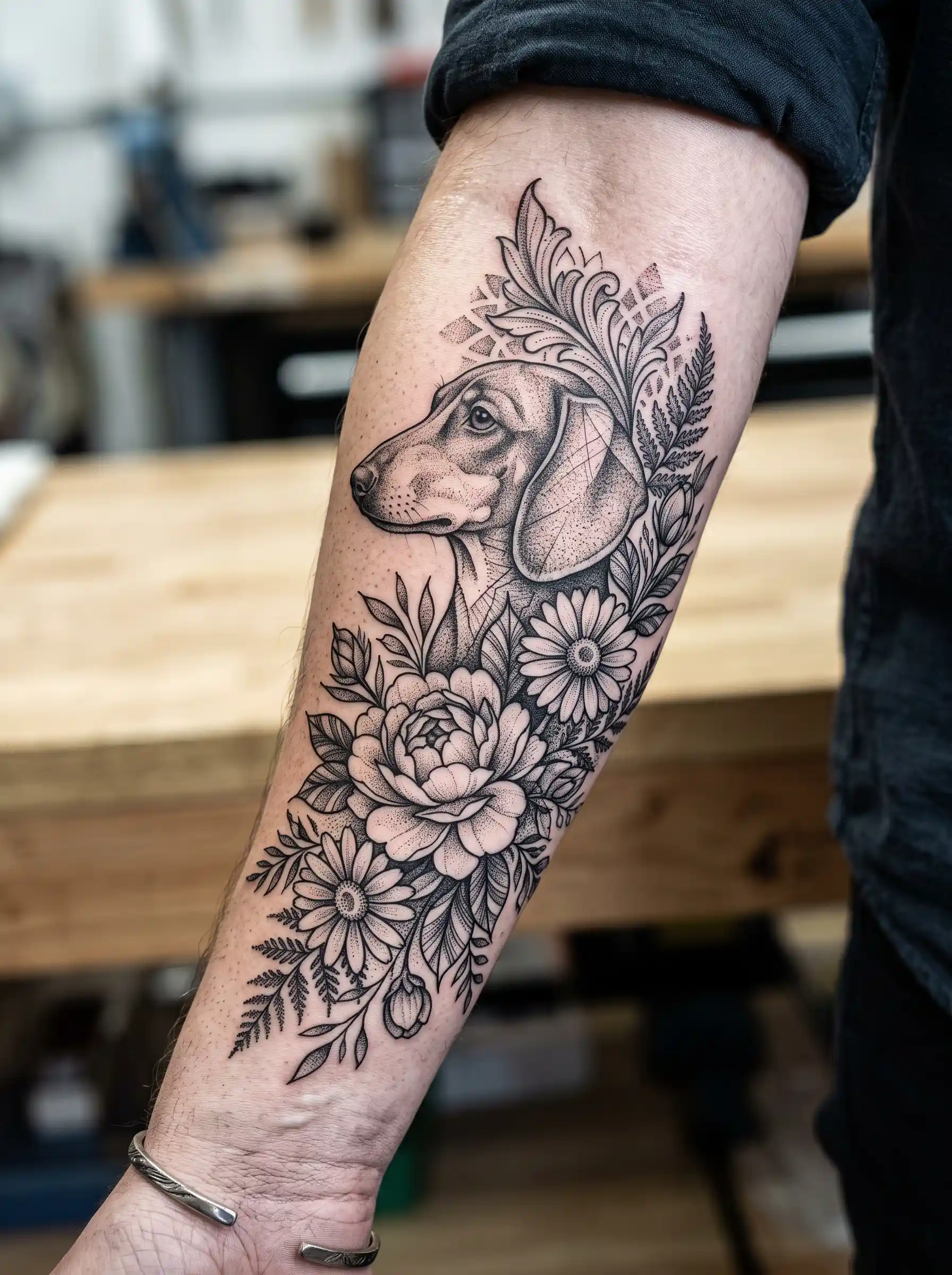 Dotwork dachshund profile tattoo with flower bouquet on forearm