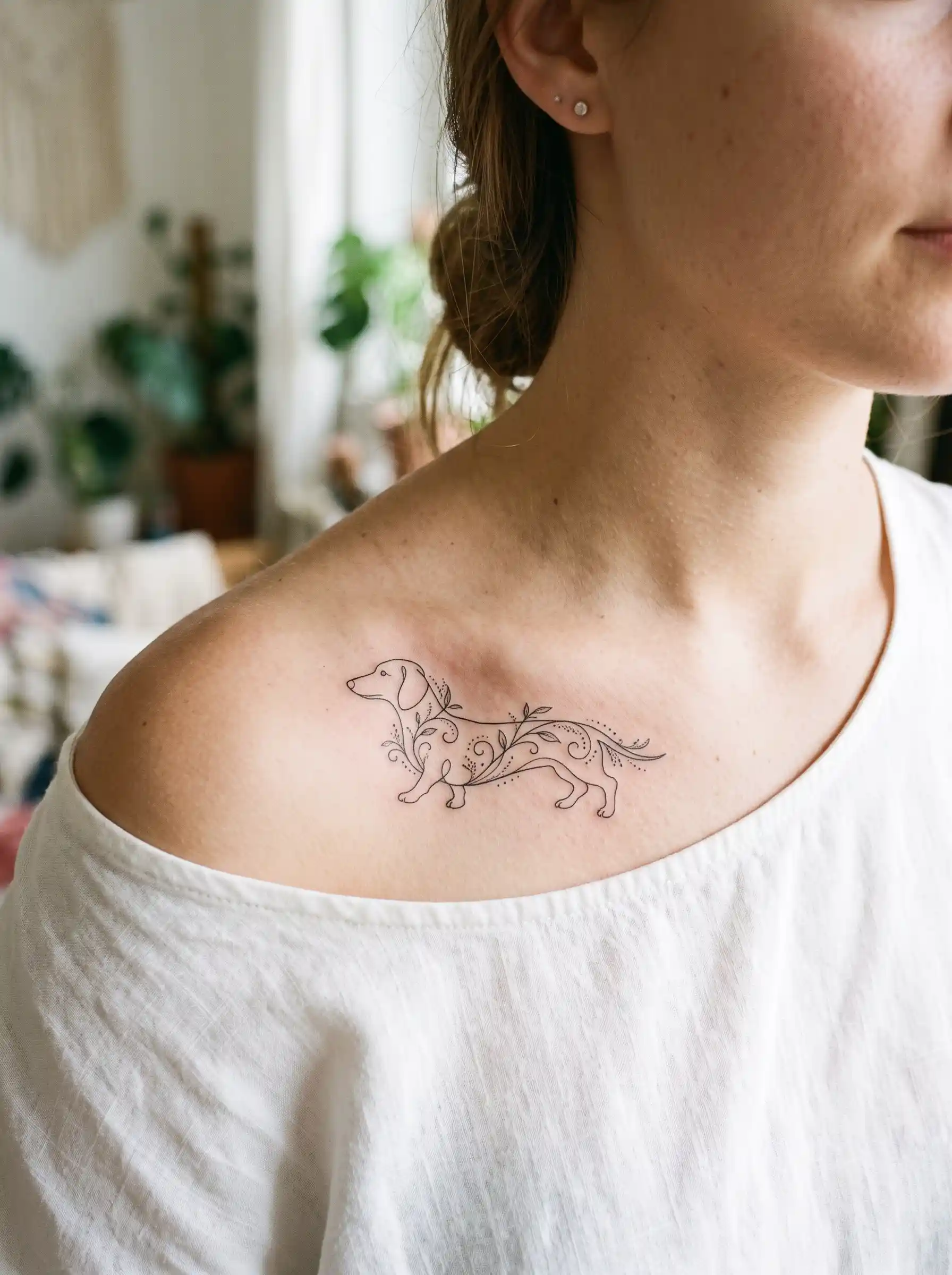 Fine-line dachshund tattoo with botanical swirls on collarbone