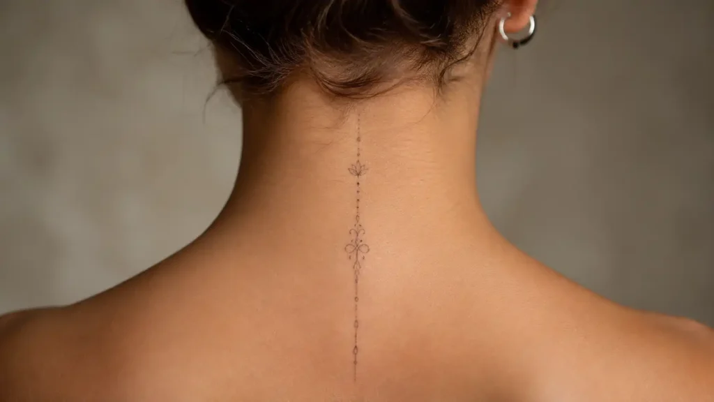 Close-up of the back of a woman's neck with a delicate fine-line tattoo