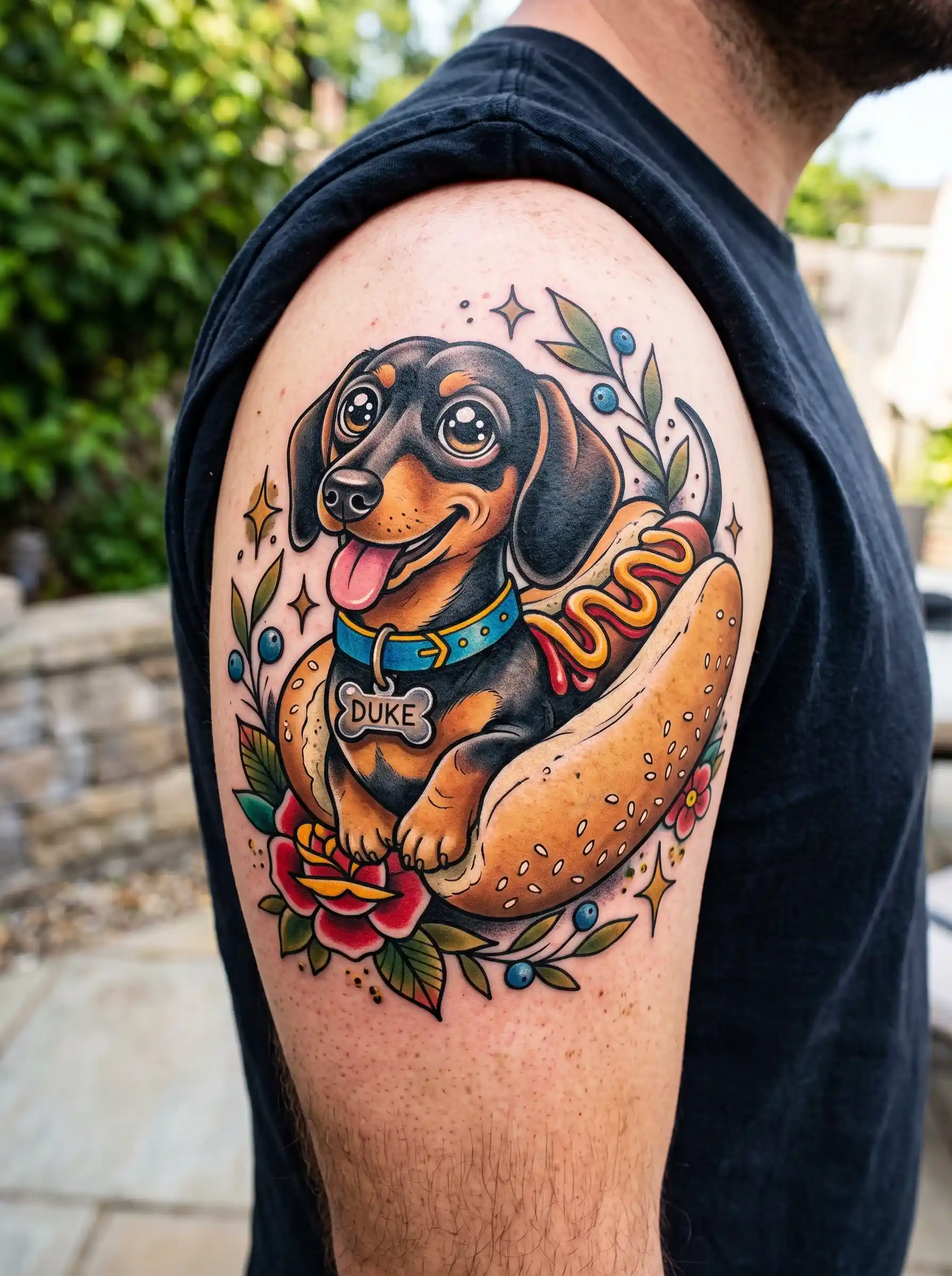 Neo-traditional hot dog dachshund tattoo on shoulder