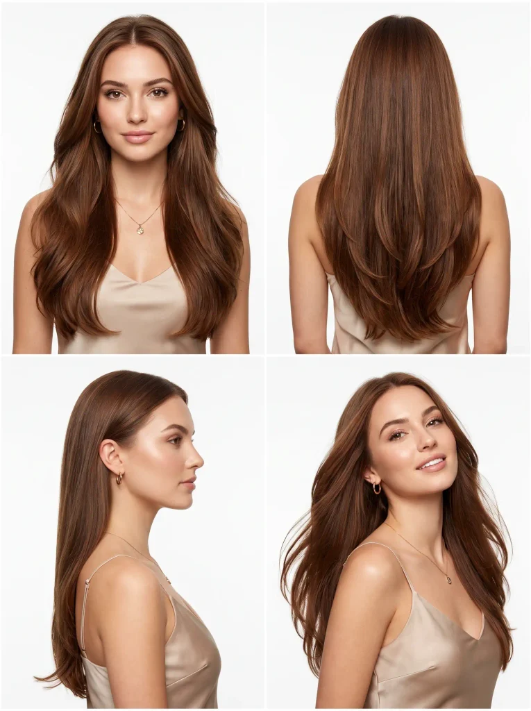 Woman with long brown hair styled in soft layered waves