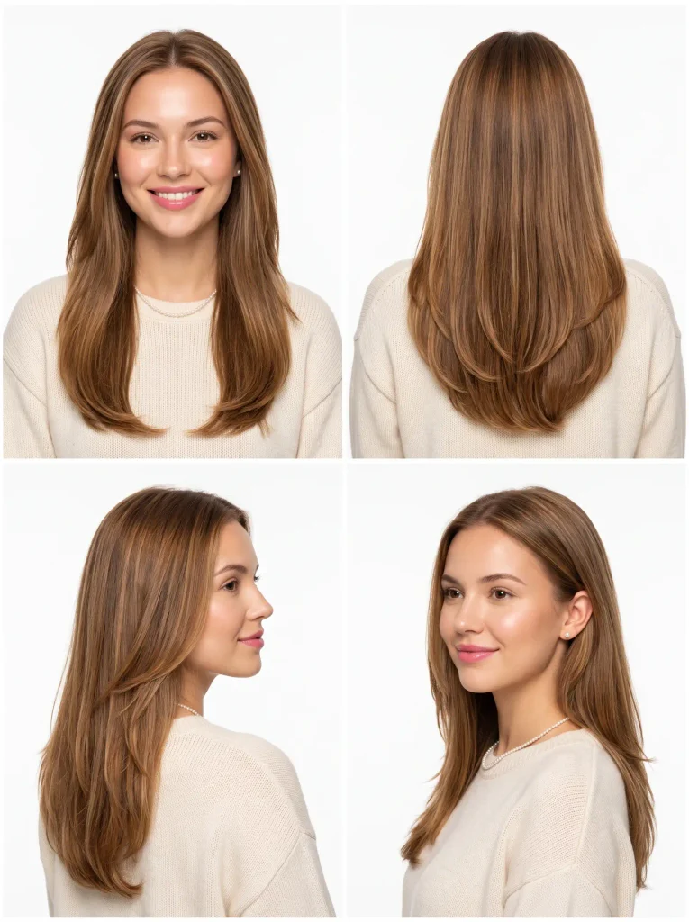 Woman with long straight hair and subtle balayage highlights