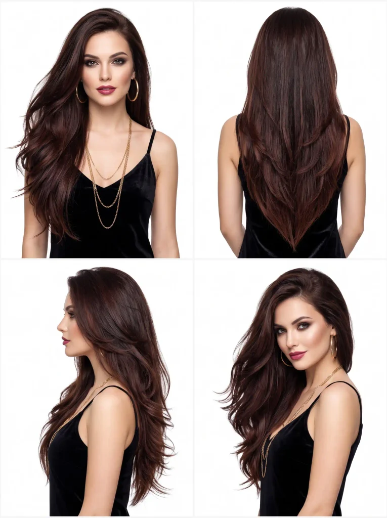 Woman with long dark hair styled in voluminous waves