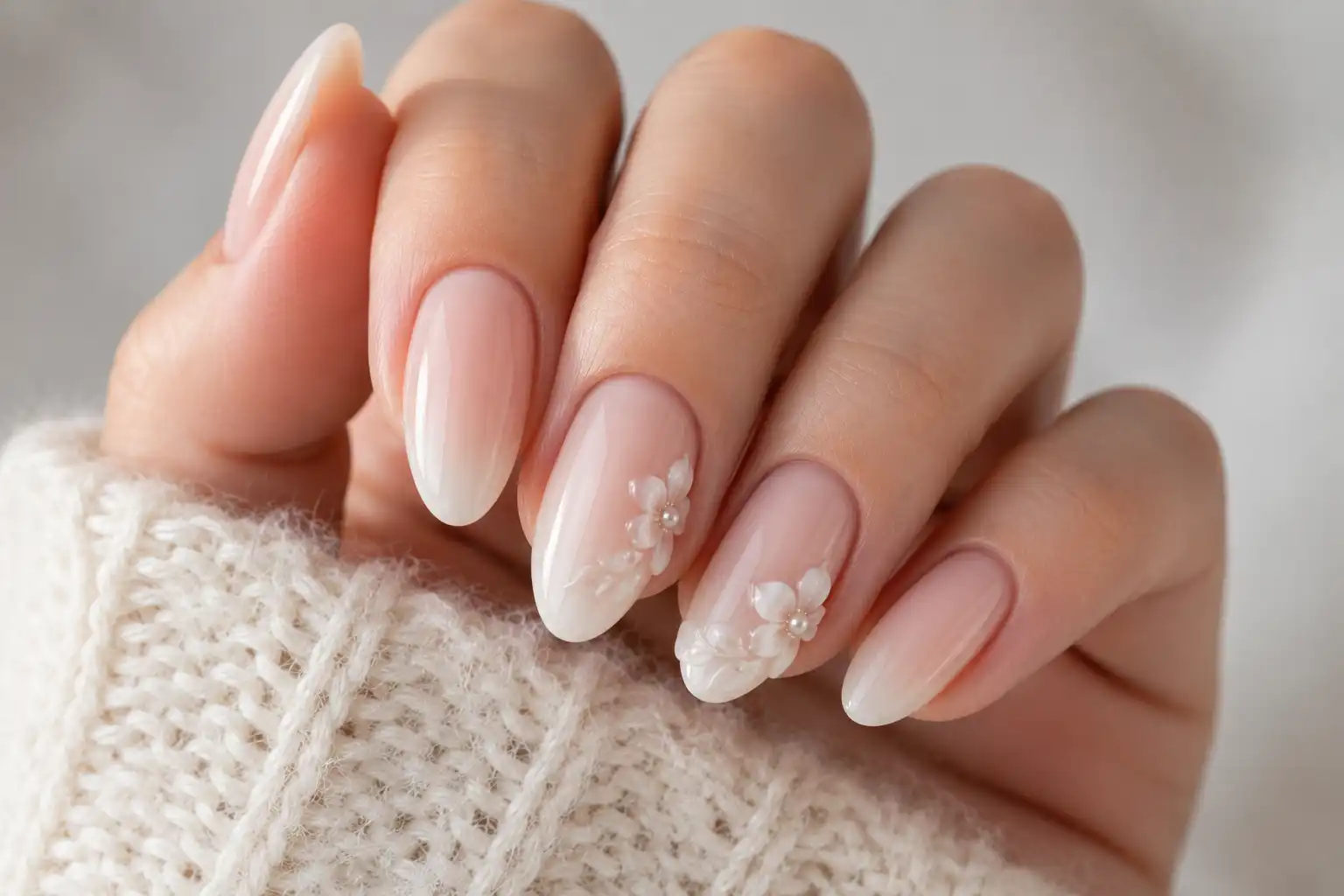 milky pink nails with delicate 3D flower petals