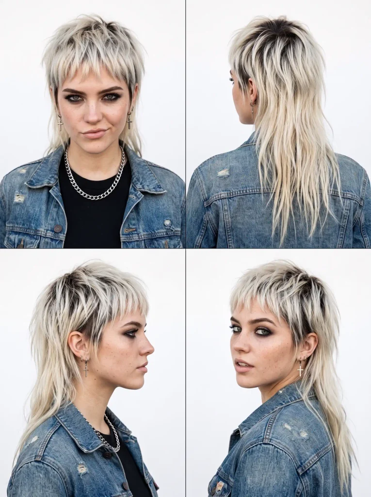 Woman with a platinum blonde mullet and dark grown-out roots