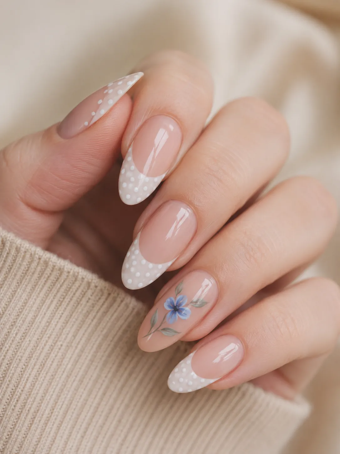 polka dot french tip nails with blue floral accent