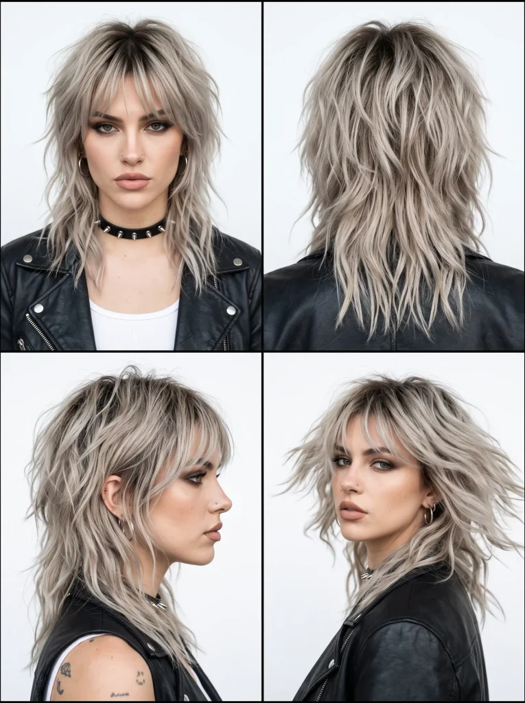 Woman with a choppy textured shag haircut and curtain bangs